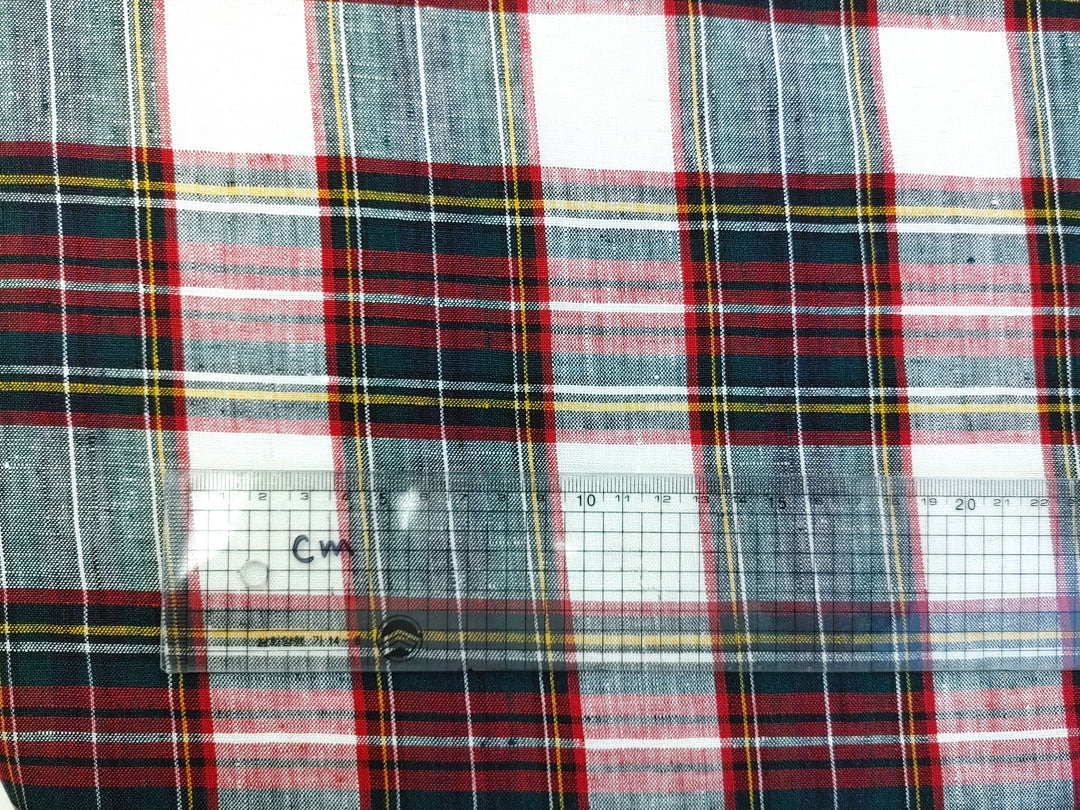 100% Linen Red Black Plaid Fabric Medium Weight 7758