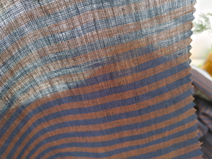 Classic brown and navy striped fabric 100% linen 7918