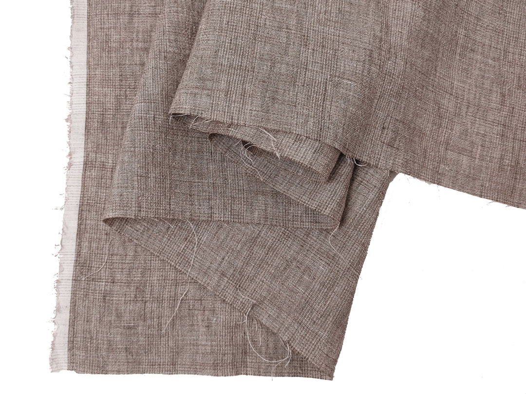 100% Linen Fabric – Subtle Glen Plaid in Beige, Pre-Washed for Softness