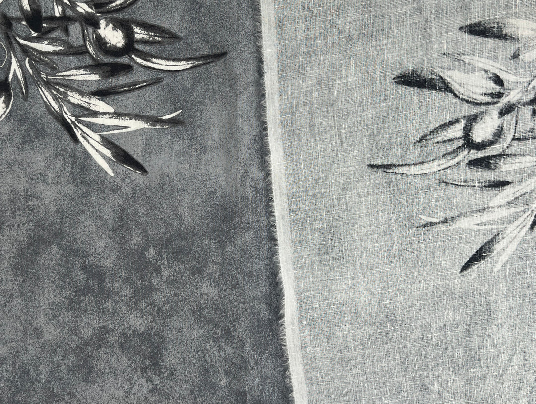 100% Linen Printed Fabric – Grey with Large Olive Branch Pattern (46×32 inch Panel) 6931