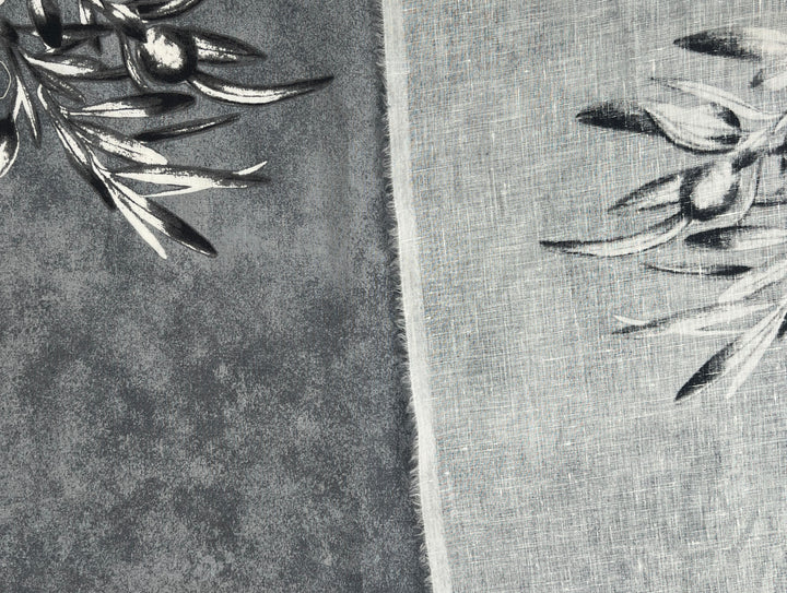 100% Linen Printed Fabric – Grey with Large Olive Branch Pattern (46×32 inch Panel) 6931