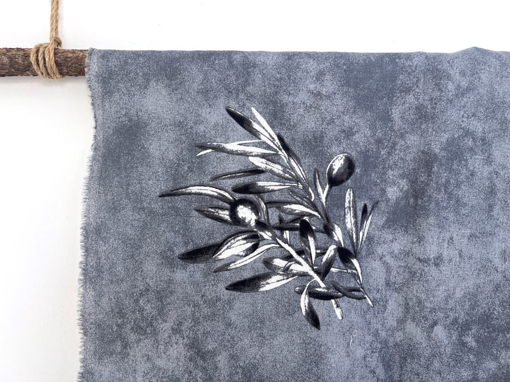 100% Linen Printed Fabric – Grey with Large Olive Branch Pattern (46×32 inch Panel) 6931