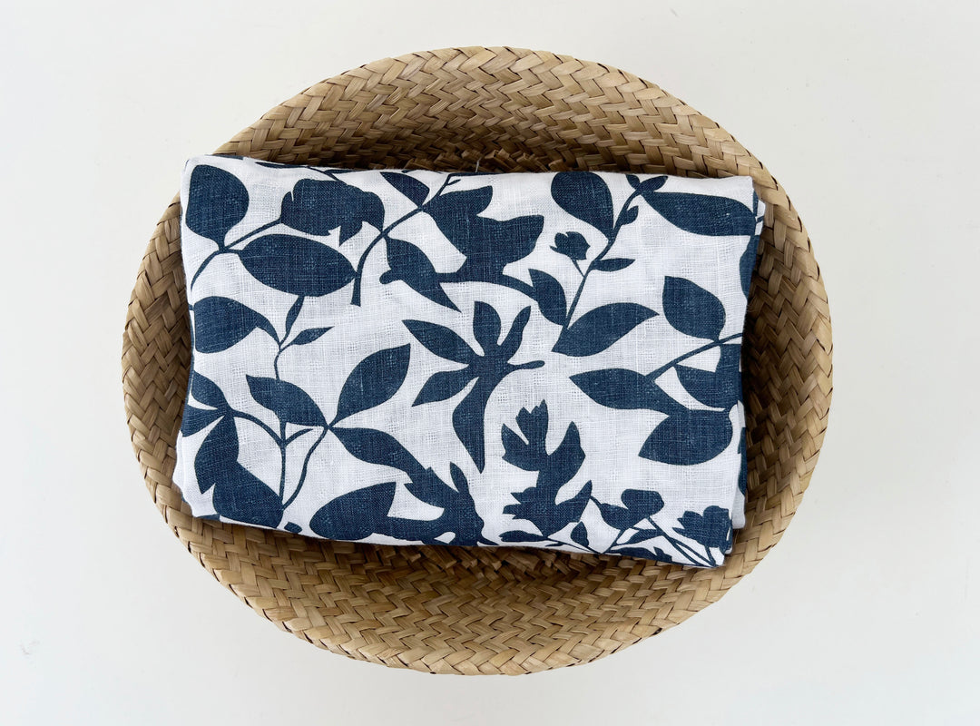 Navy Botanical Leaf Print on White Dobby Linen – 100% Linen, Lightweight 8191