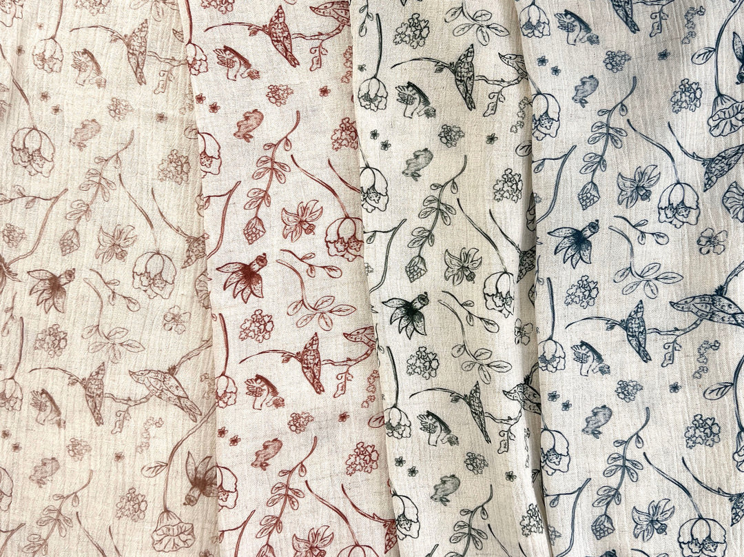 Birds of a Feather, Linen Rayon Print Fabric, Design by Madeline, Madswick Studio, 8222 8223 8224 8225