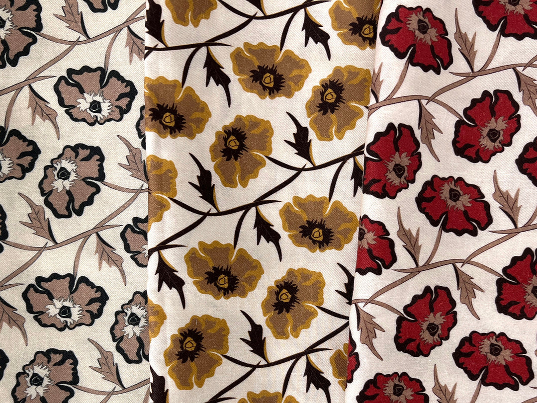 Drifting on the Vineyard – Ramie Cotton Satin Weave Fabric, Design by Madeline, Madswick Studio, 8229 8230 8231