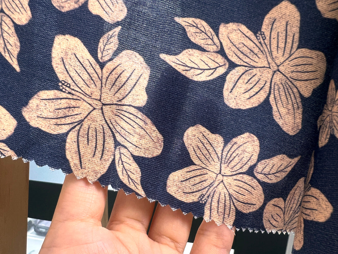 Hawaiian-Inspired Floral Print Fabric – Navy & Beige | Ramie Cotton Satin Weave, Pre-Washed 8275