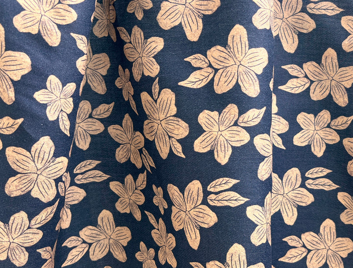 Hawaiian-Inspired Floral Print Fabric – Navy & Beige | Ramie Cotton Satin Weave, Pre-Washed 8275