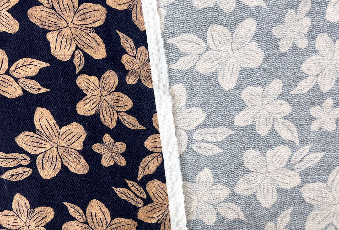 Hawaiian-Inspired Floral Print Fabric – Navy & Beige | Ramie Cotton Satin Weave, Pre-Washed 8275
