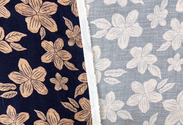 Hawaiian-Inspired Floral Print Fabric – Navy & Beige | Ramie Cotton Satin Weave, Pre-Washed 8275