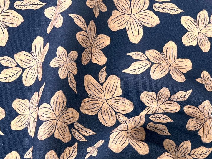 Hawaiian-Inspired Floral Print Fabric – Navy & Beige | Ramie Cotton Satin Weave, Pre-Washed 8275