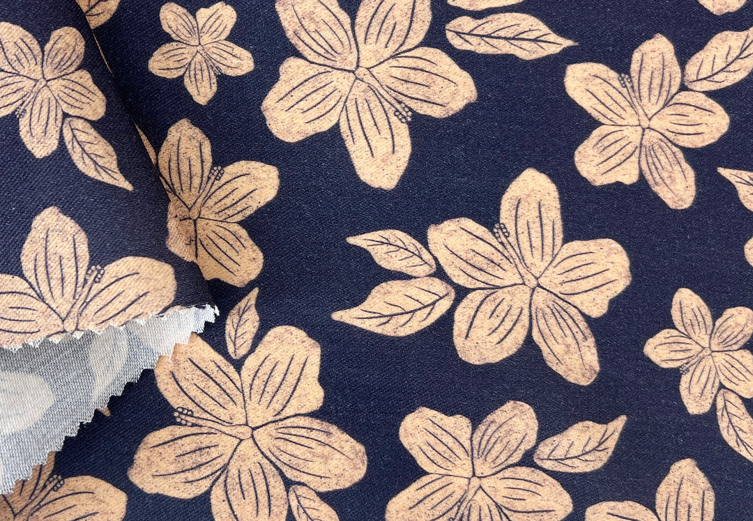 Hawaiian-Inspired Floral Print Fabric – Navy & Beige | Ramie Cotton Satin Weave, Pre-Washed 8275