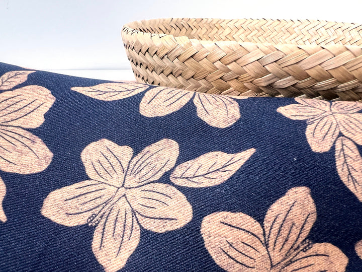 Hawaiian-Inspired Floral Print Fabric – Navy & Beige | Ramie Cotton Satin Weave, Pre-Washed 8275