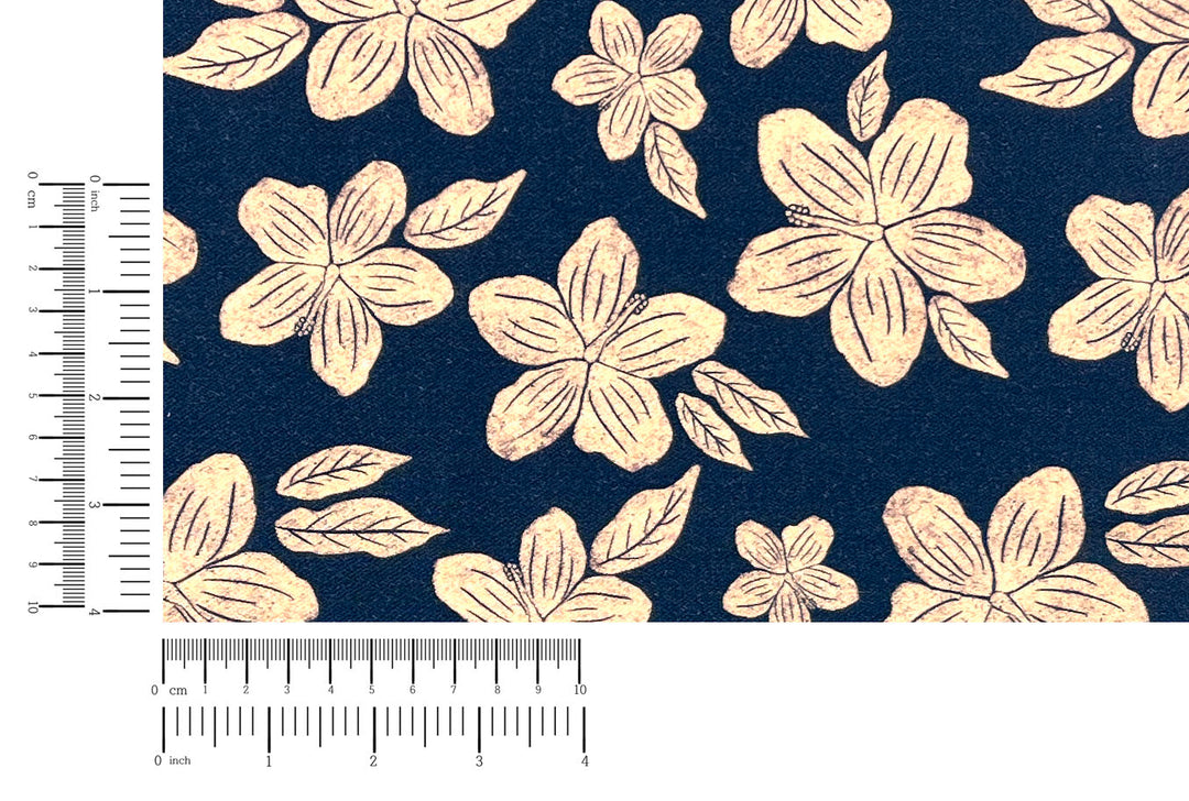 Hawaiian-Inspired Floral Print Fabric – Navy & Beige | Ramie Cotton Satin Weave, Pre-Washed 8275