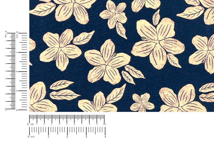 Hawaiian-Inspired Floral Print Fabric – Navy & Beige | Ramie Cotton Satin Weave, Pre-Washed 8275