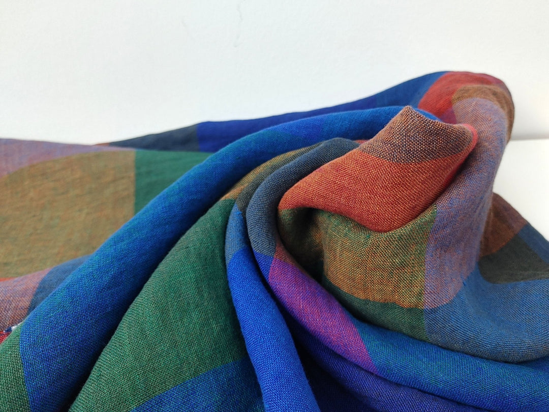 100% Linen Multi Color Big Plaid Fabric Light Weight 7167 - The Linen Lab - Multi Color