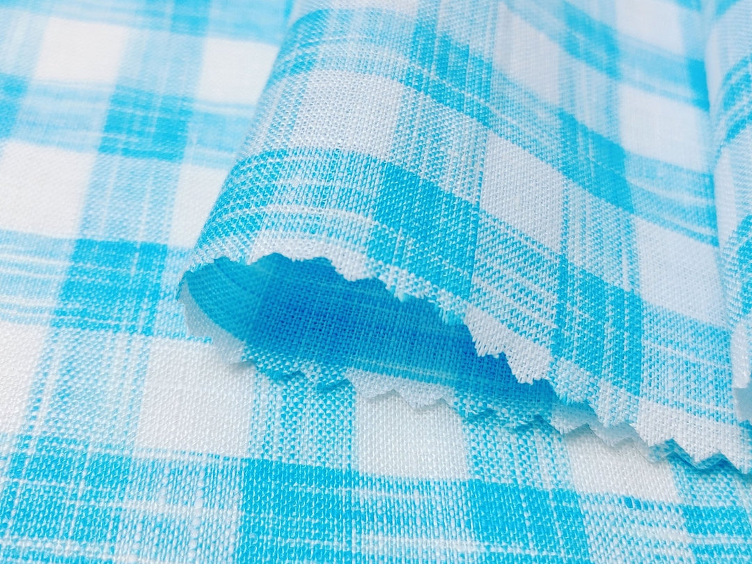 Blue Melange Check Lightweight 100% Linen Fabric 4671 - The Linen Lab - Blue