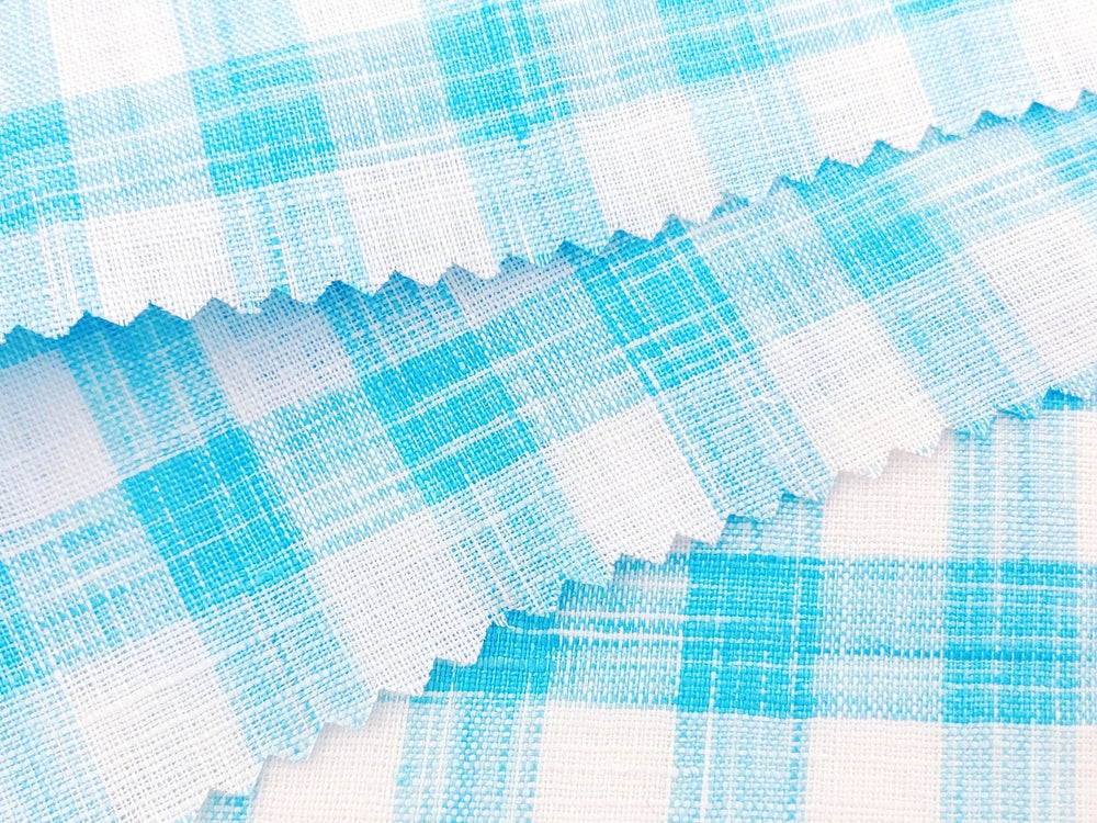 Blue Melange Check Lightweight 100% Linen Fabric 4671 - The Linen Lab - Blue