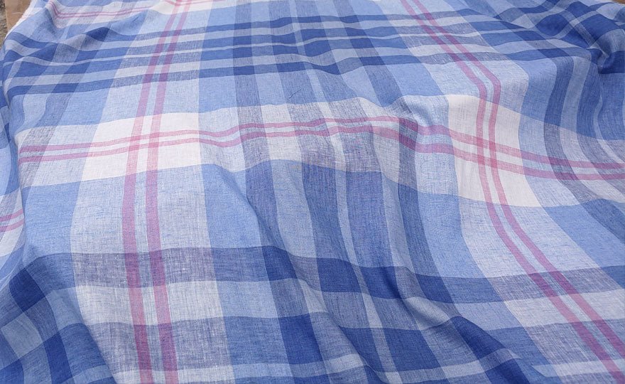 Linen Blue Big Check Fabric (4849) - The Linen Lab - Blue