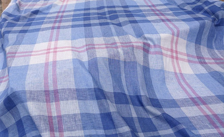 Linen Blue Big Check Fabric (4849) - The Linen Lab - Blue
