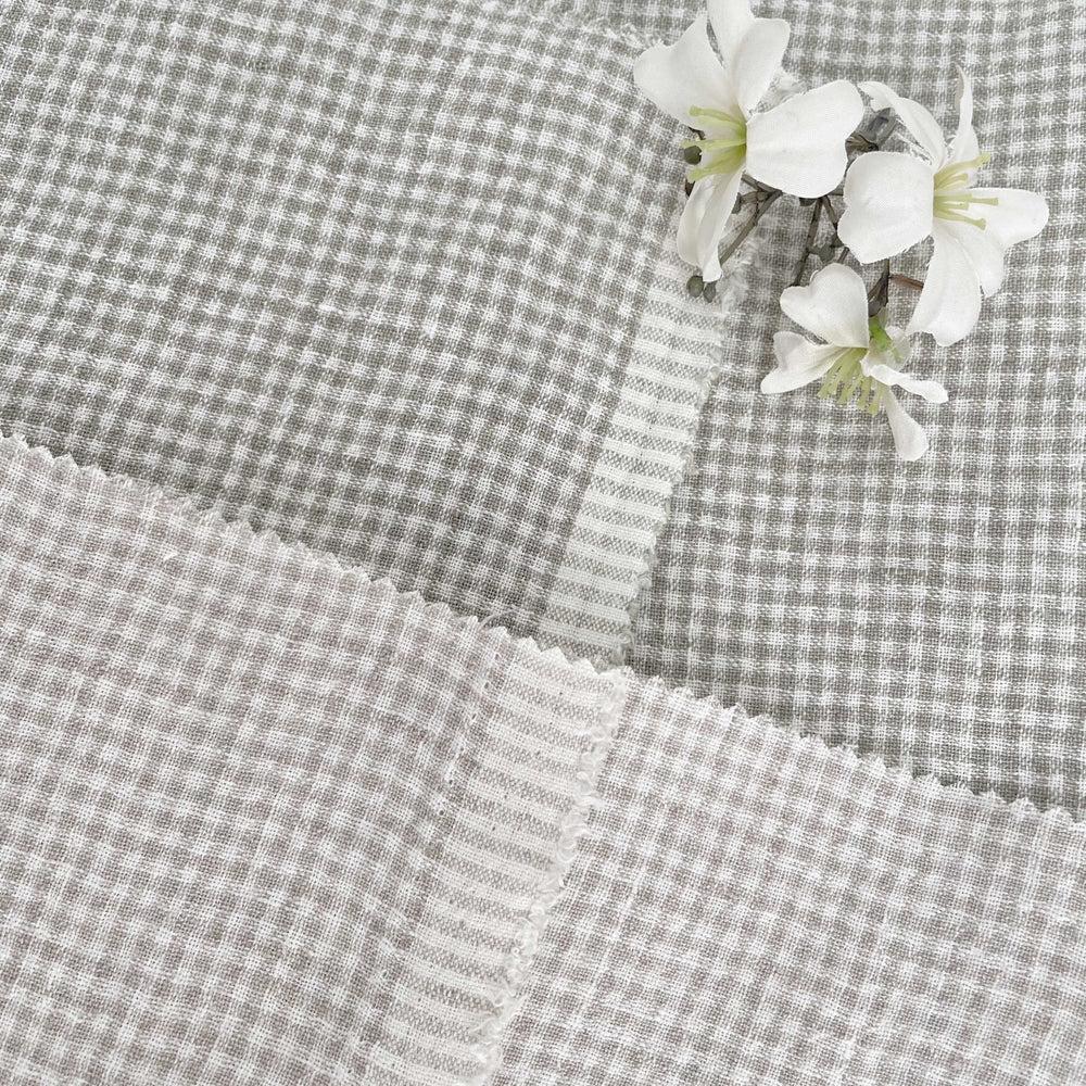 Linen Fabric Seersucker Gingham Check 7328 7329 - The Linen Lab - Beige