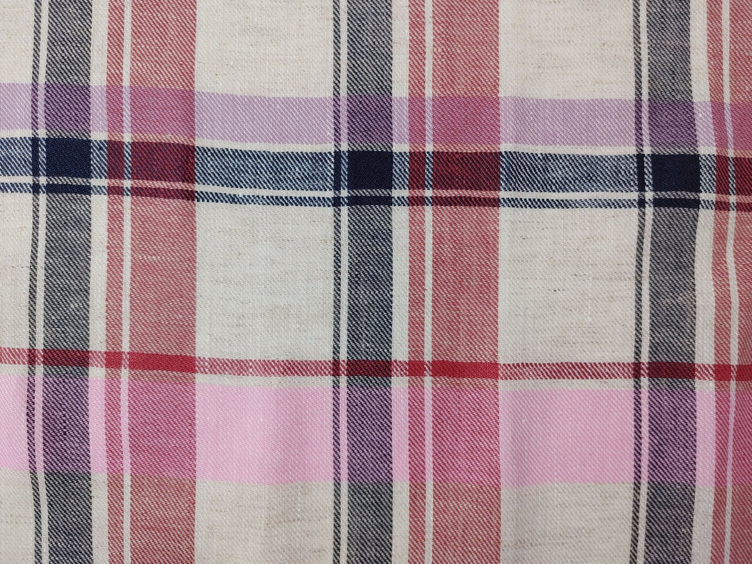 Rosy Check: Pink Linen Cotton Twill Plaid Fabric 4213 - The Linen Lab - Pink